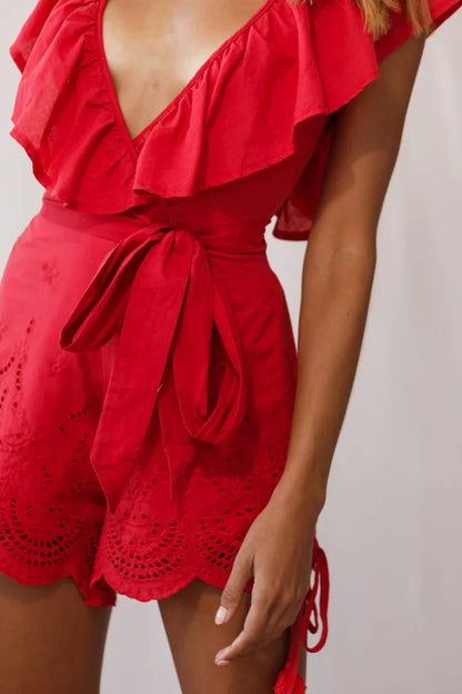 Kipper V-Neck Scalloped Romper Red