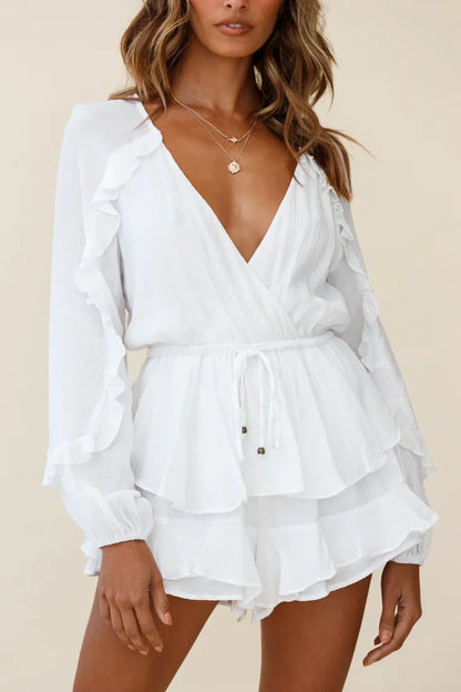 Nebula Long Sleeve Layered Ruffle Romper White
