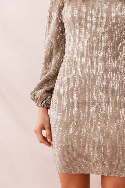 Tinsel Long Sleeve Sequin Mini Dress Champagne