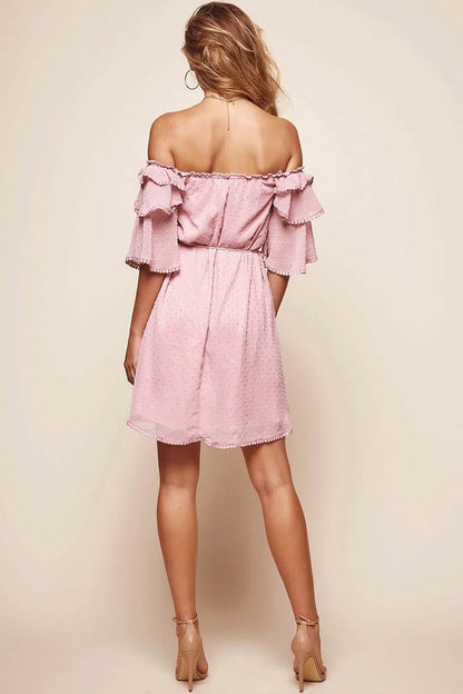 Springtime Hail Spot Chiffon Off Shoulder Dress Blush