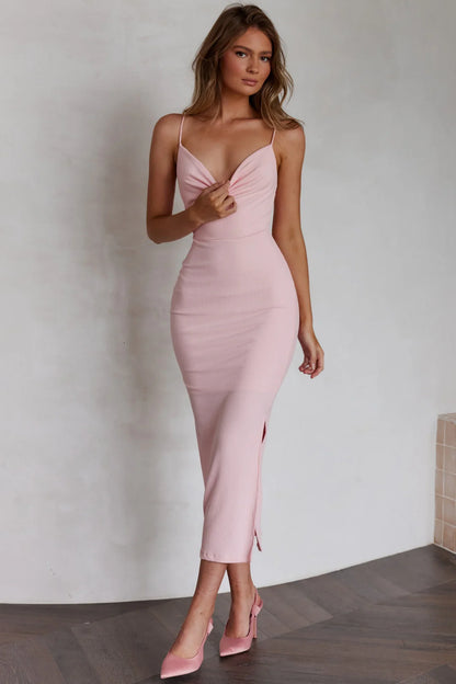 Frieda Cowl Neck Side Split Ribbed Midi Dress Blush