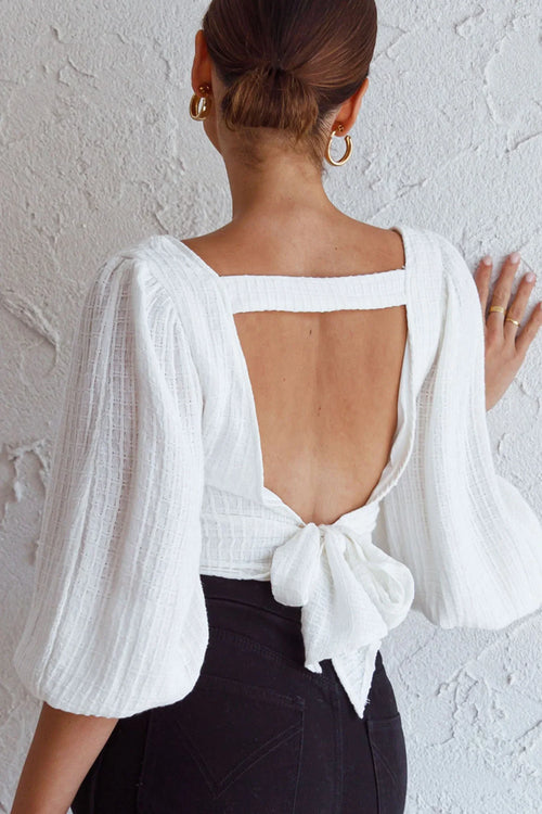 Love Like This Balloon Sleeve Open Back Crop Top Textured White