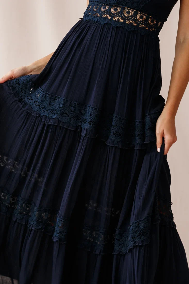 Indio Crochet Insert Deep V-Neckline Maxi Dress Navy