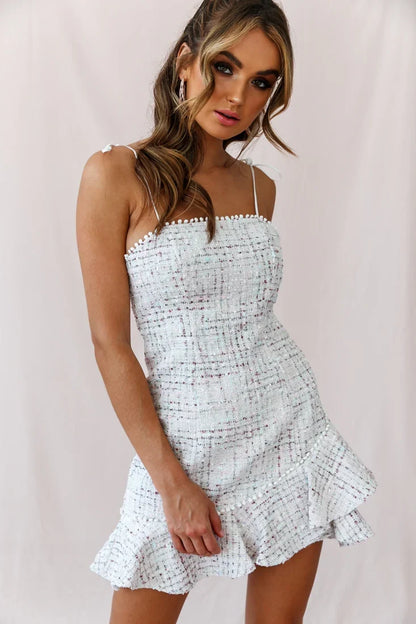 Gabrielle Tweed String-Tie Strap Dress White Multi