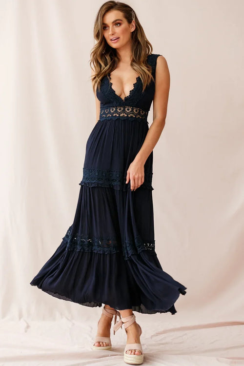 Indio Crochet Insert Deep V-Neckline Maxi Dress Navy