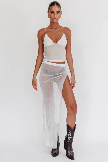 Heart Breaker Diamante Mesh Maxi Skirt White