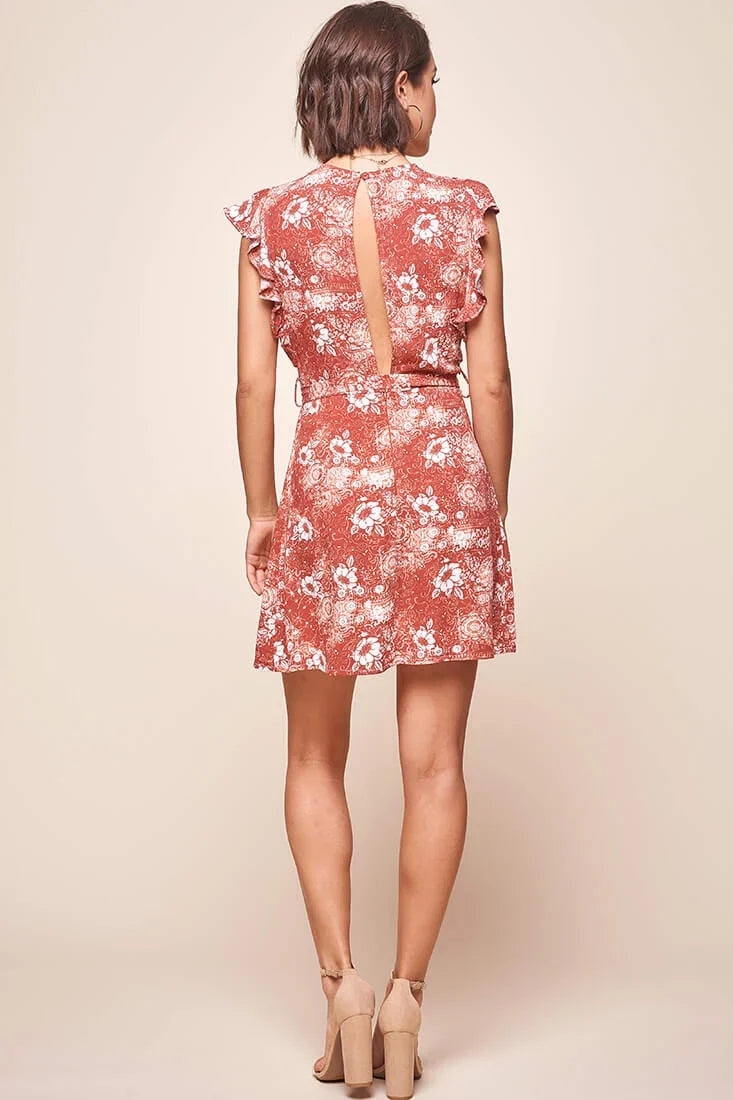 Francesca Ruffle Sleeve Wrap Dress Rust